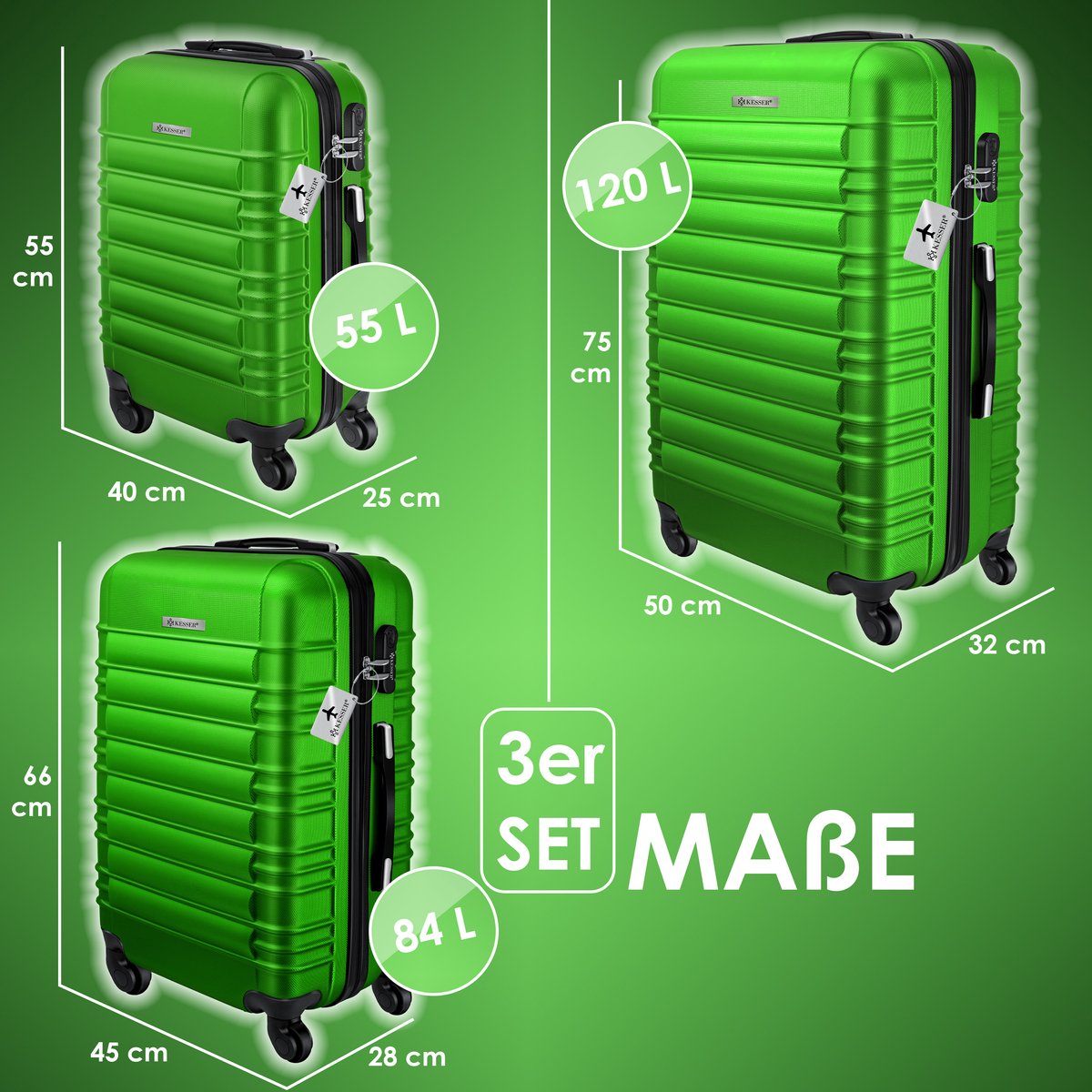 Kofferset - 3 delig - Trolley - Reiskofferset - Groen - KESSER® •