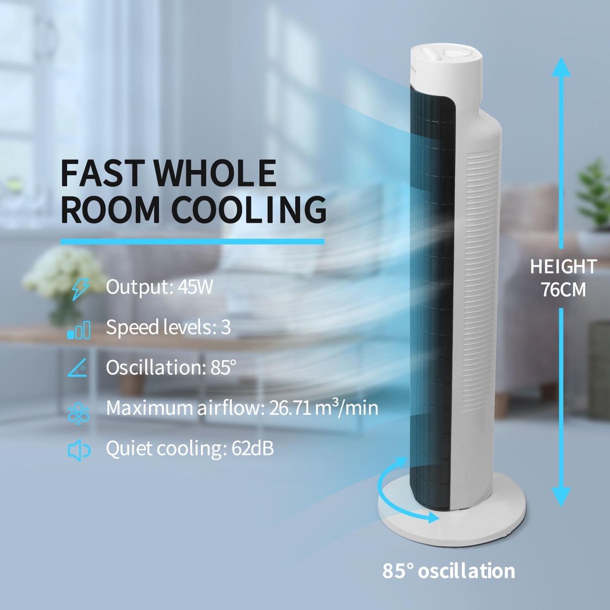 Taylor Swoden Torenventilator - Fluisterstil - Oscillatie - Wit •