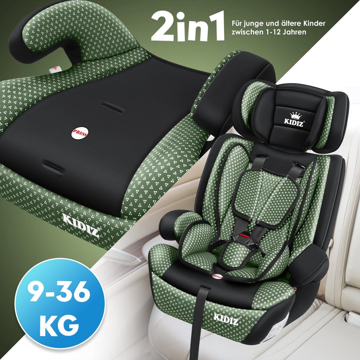KIDIZ® Autostoeltje - 5-punts veiligheidsgordel - Groen