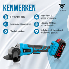Vesto® Haakse Slijper - Draadloze Slijptol - Elektrische Slijpmachine - Incl. 3x Slijpschijf & 2x Accu - Ø125MM