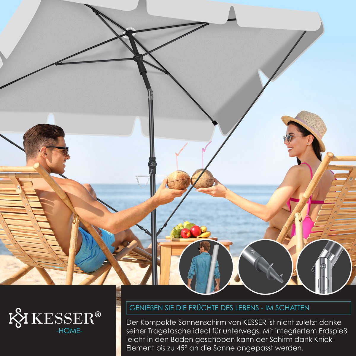 KESSER® Stokparasol Inclusief Beschermhoes & Draagtas 200 × 125cm - Parasol voor Balkon, Tuin & Terras Tuinparasol Strandparasol - Lichtgrijs