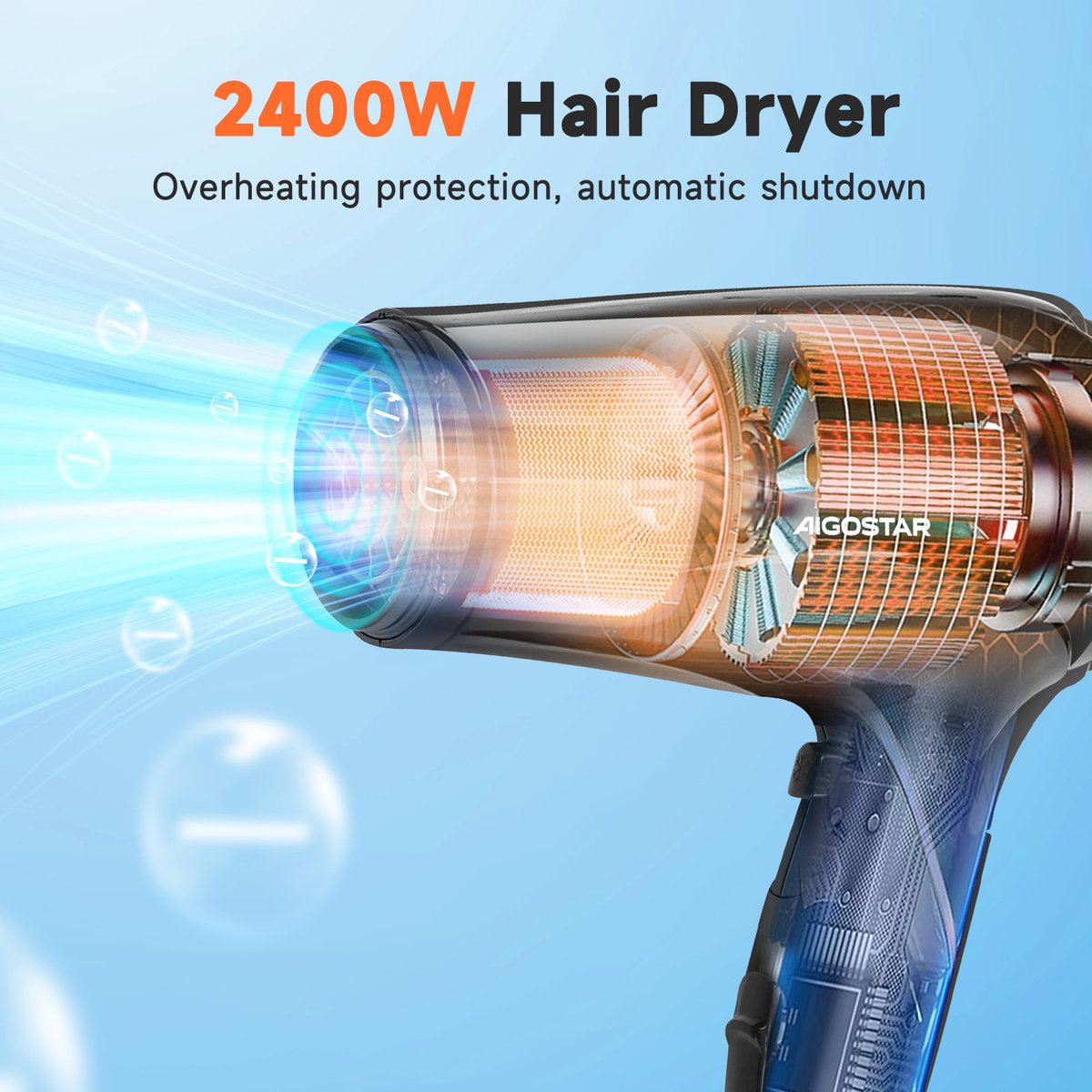Aigostar Föhn - Compacte haardroger - Ionische fohn - 2400W - Zwart