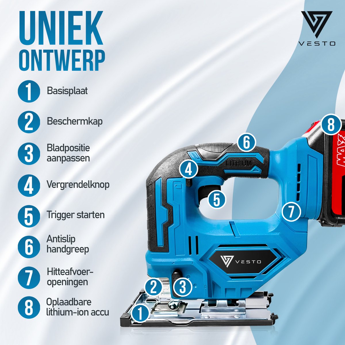 Vesto® Accu Decoupeerzaag – 21V Li-Ion – Variabele Snelheid – Zaagdiepte 65 mm – Incl. 2 Accu’s, Zaagbladen & Koffer – Draadloos – Voor Hout, Metaal & Kunststof