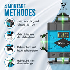 Vesto® 4D Kruislijnlaser - Zelfnivellerend Bouwlaser met 4-16 Lijnen - 360° Rotatie - Incl. Verstelbaar Statief - 50m Meetbereik - Inclusief Draagkoffer - Professionele Lijnlaser voor Bouw en Klussen
