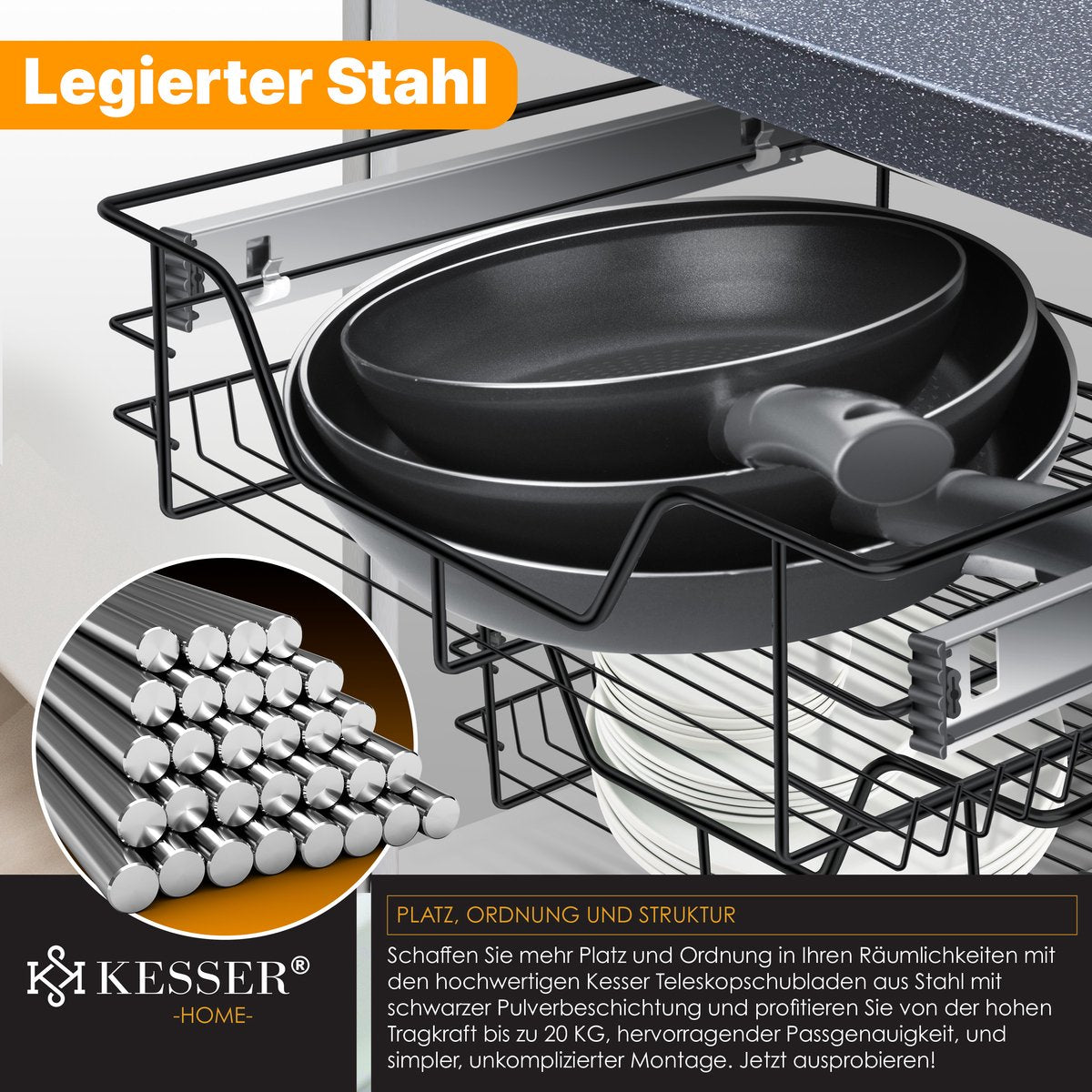 KESSER® Keukenlade / Telescopische lade / Keukenkast / Mand uittrekbaar / Kast uittrekbaar / Volledig uittrekbaar / Lade - 1x 50cm - Zwart