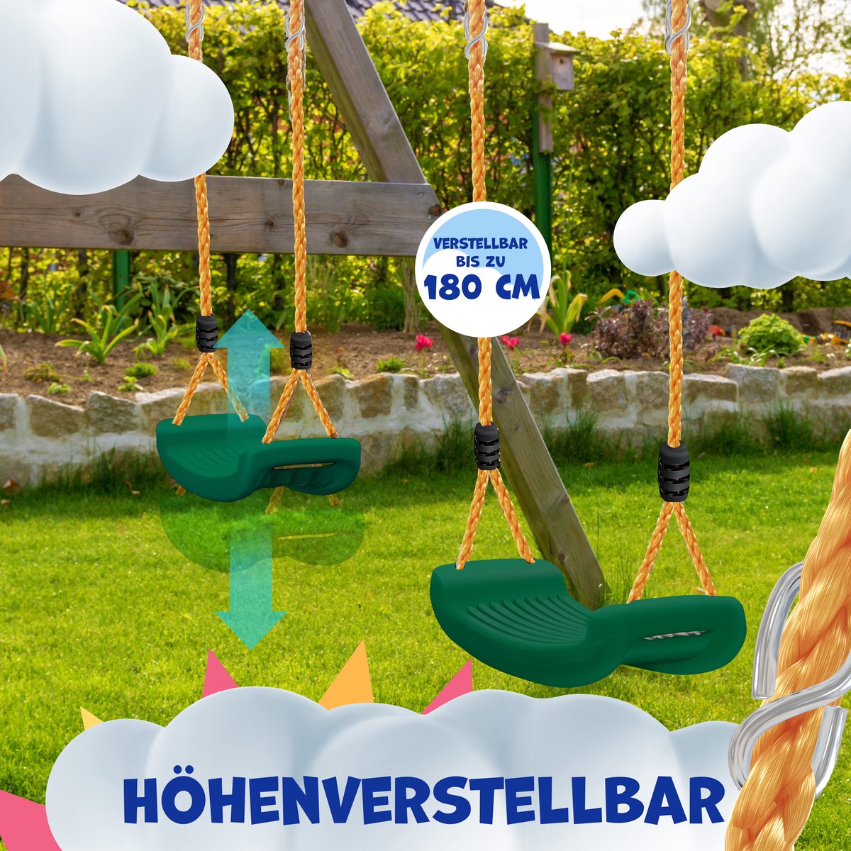 KIDIZ® Schommel Kinderschommel Set - Incl. Accessoires Schommelzitje PP-Touwen Schommelplank Tuin Buiten Binnenschommel voor kinderen om op te schommelen Plastic Hoogte Verstelbaar Antislip - Groen