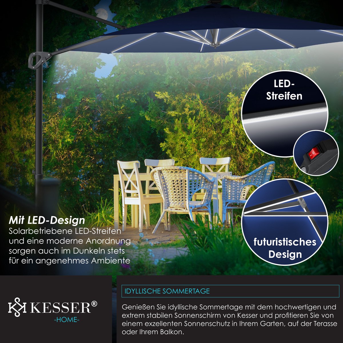 KESSER® SUN Zweefparasol XL Ø330 cm met LED Solar Verlichting - Parasol Inclusief Beschermhoes 360° Draaibaar UV50+ Tuinparasol Zonne-energie - Taupe