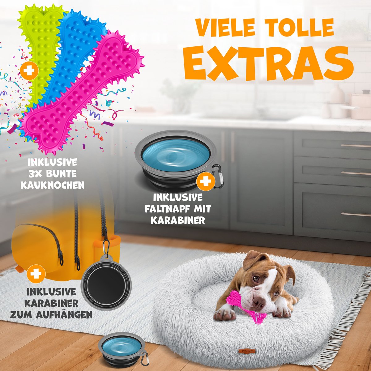 LOVPET® Hondenbed / Hondenmand / Hondenkussen Kattenbed Bagel, Afwasbaar, Incl. Kom + 3x Kauwbotjes, Hondenbank Pluche Kussen Rond Pluche Voor Kleine, Middelgrote & Grote Honden, Katten - 3XL (100 x 100 cm), Lichtgrijs