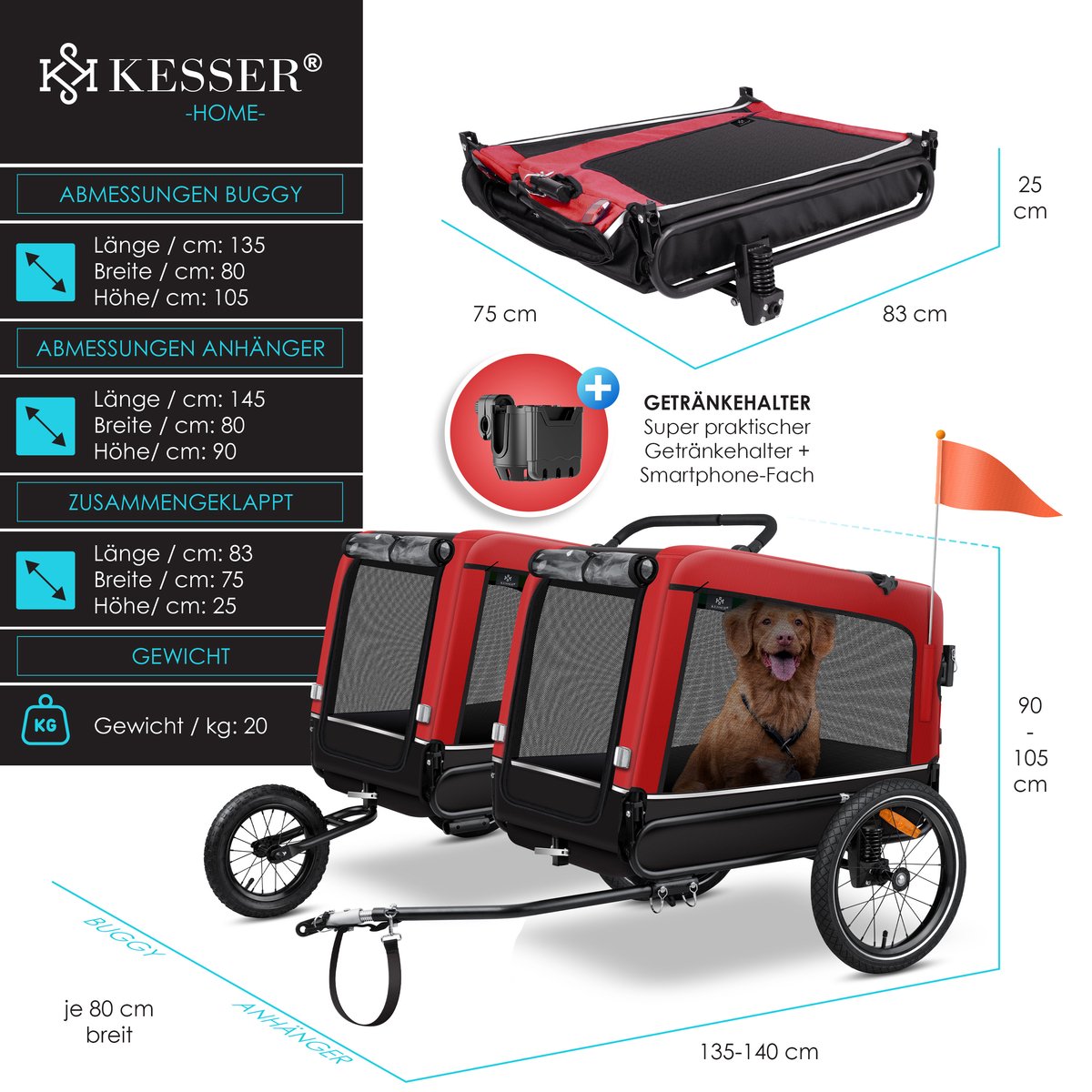 KESSER® Hondenfietskar tot 40 kg 3in1 Hondenbuggy - Fietskar Hond Jogger - Rood