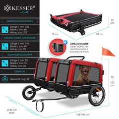 KESSER® Hondenfietskar tot 40 kg 3in1 Hondenbuggy - Fietskar Hond Jogger - Rood