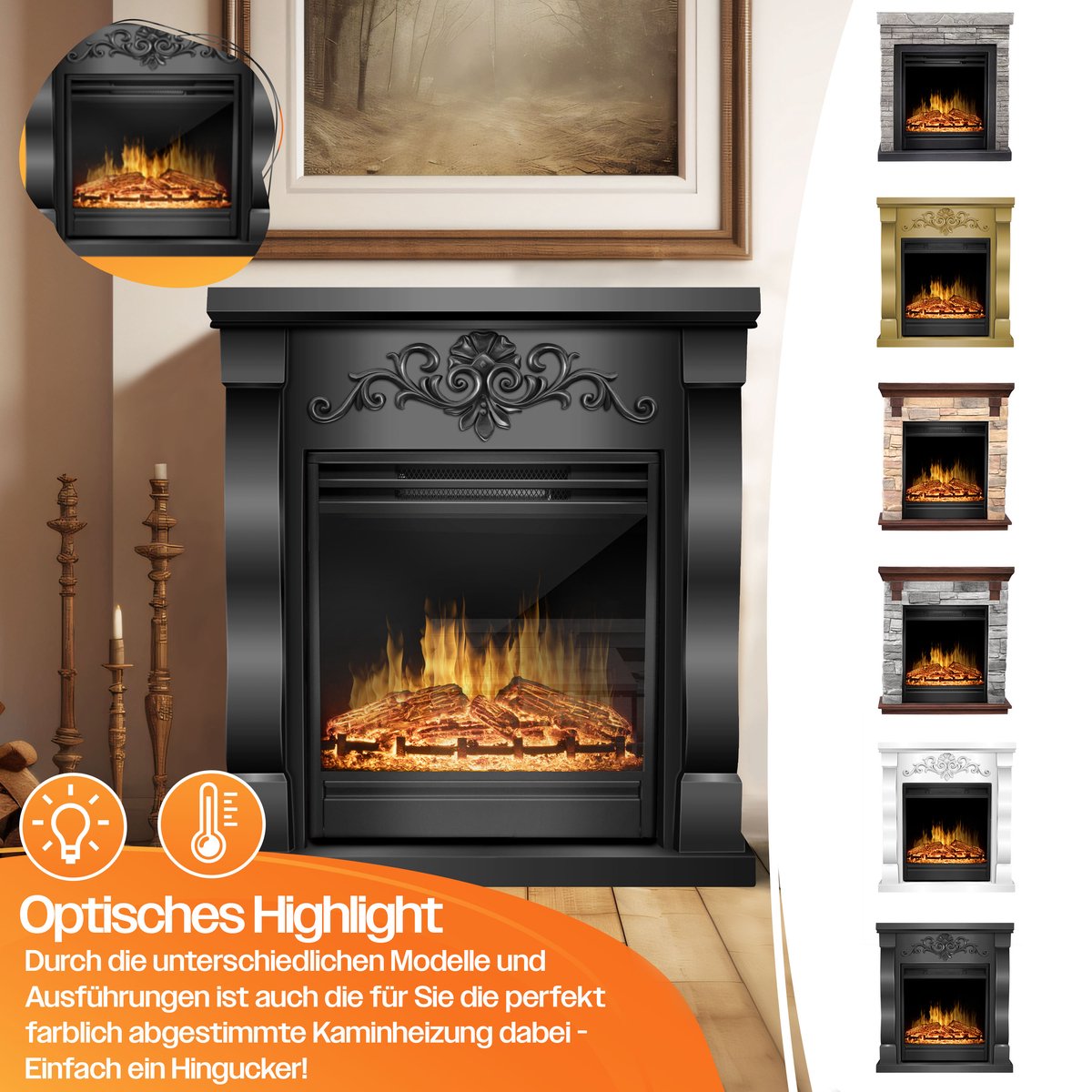 KESSER® Sfeerhaard Elektrisch Haard 1800W met LED Vlammen Dimbaar - Electrische Kachel met Timer & Afstandsbediening - Elektrische Verwarming met Thermostaat - Villa Zwart