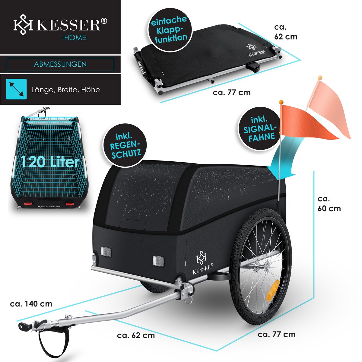 KESSER® Fietskar - Fietsaanhanger - Zwart / Antraciet •