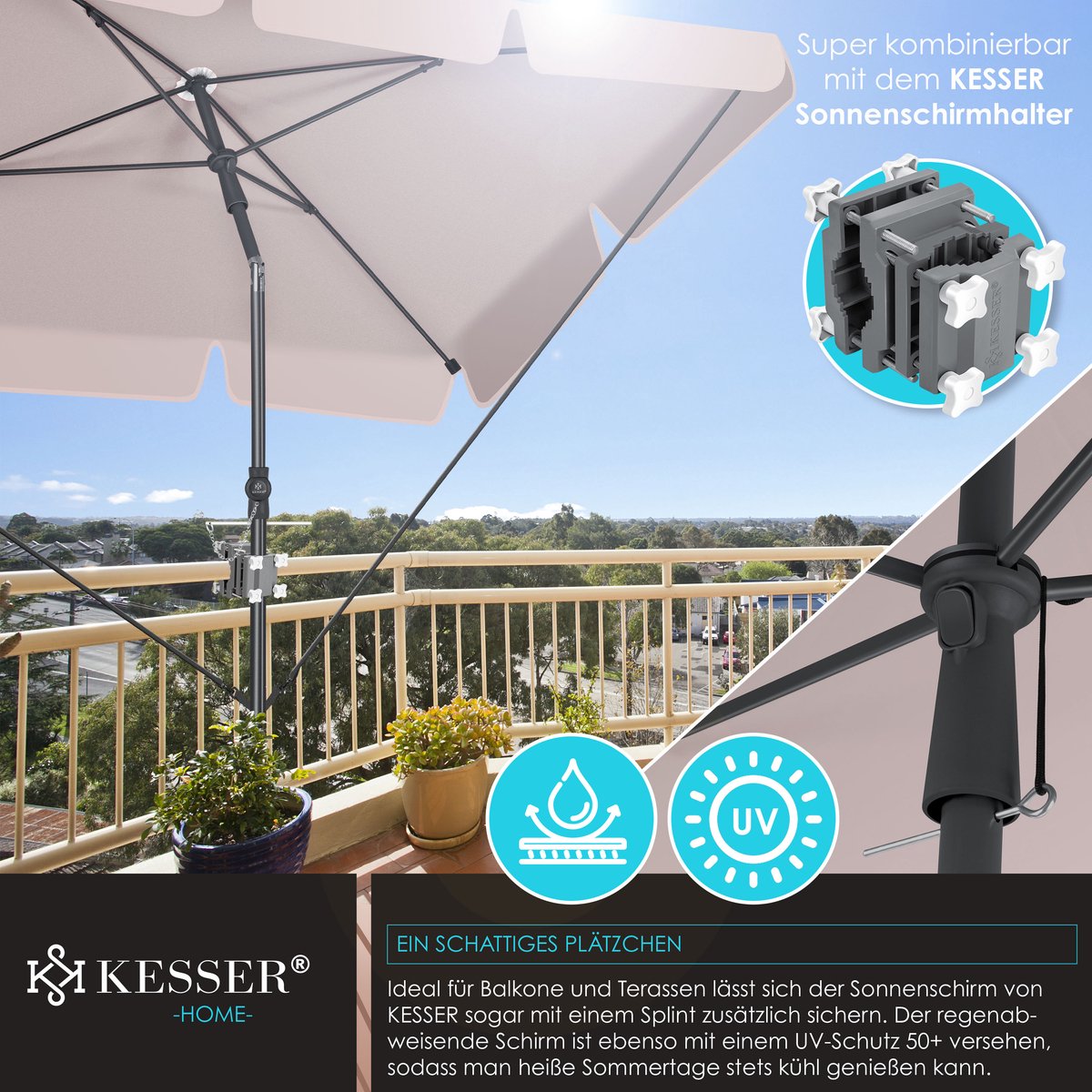 KESSER® Stokparasol Inclusief Beschermhoes & Draagtas 200 × 125cm - Parasol voor Balkon, Tuin & Terras Tuinparasol Strandparasol - Taupe