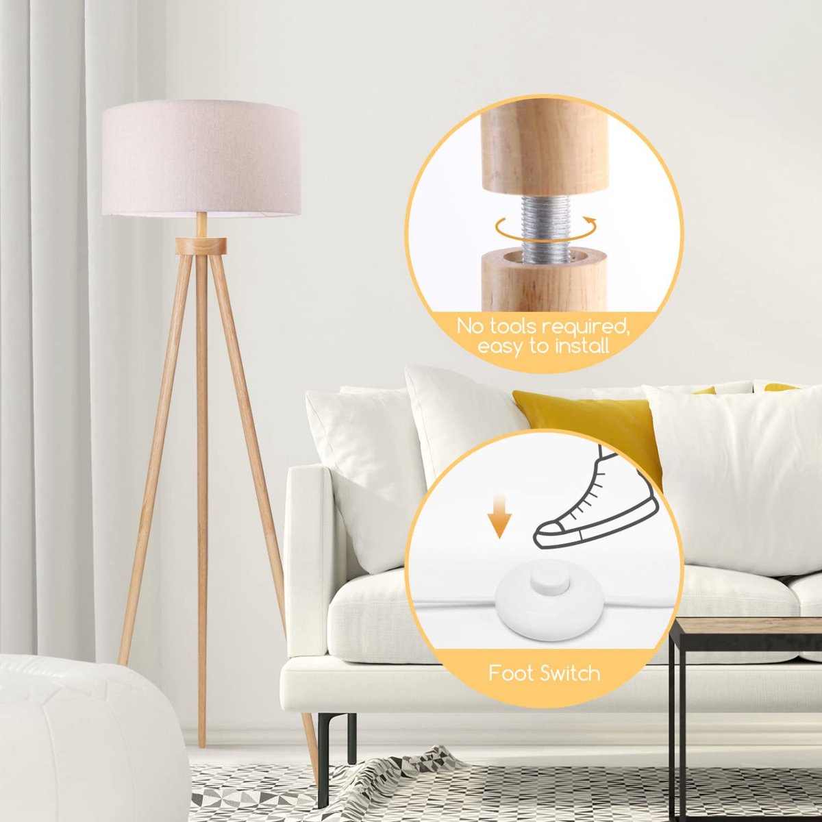 Aigostar 13AT1 - Staande lamp - Vloerlamp - H 143cm - E27 Fitting - Leeslamp - Staanlamp - Woonkamer - Slaapkamer - Excl. lichtbron