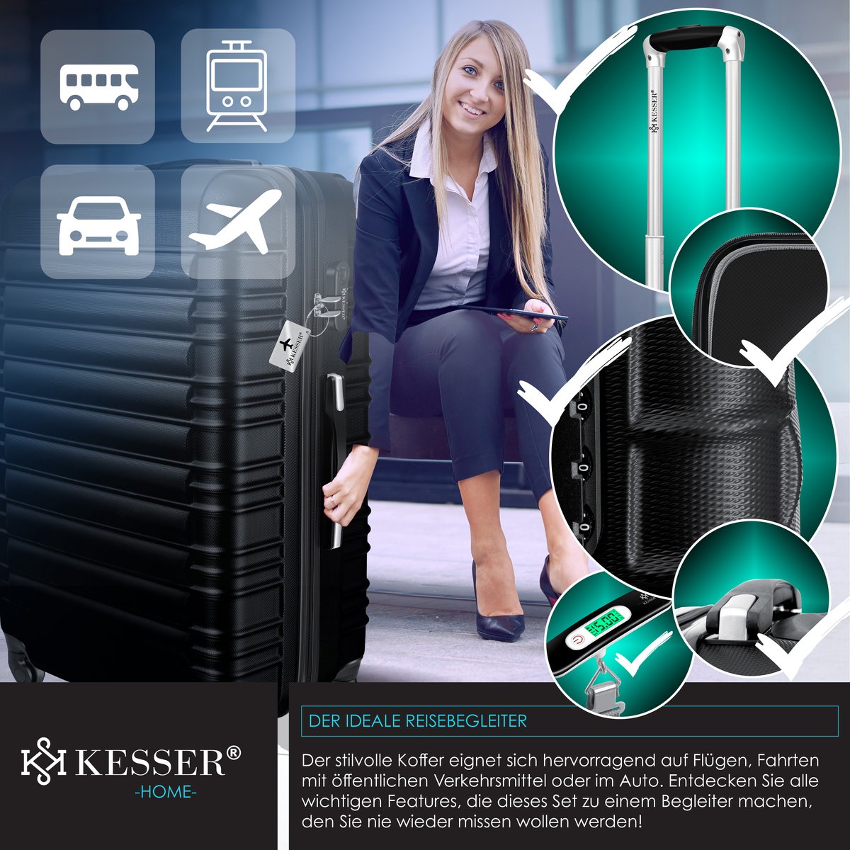KESSER® 1x Koffer Incl. Bagageweger + Bagagelabel - Reiskoffer met 4 Wielen en Cijferslot, ABS Hardcase, Telescopisch handvat Trolley Bagagerolkoffer- 75cm - 120L, Zwart