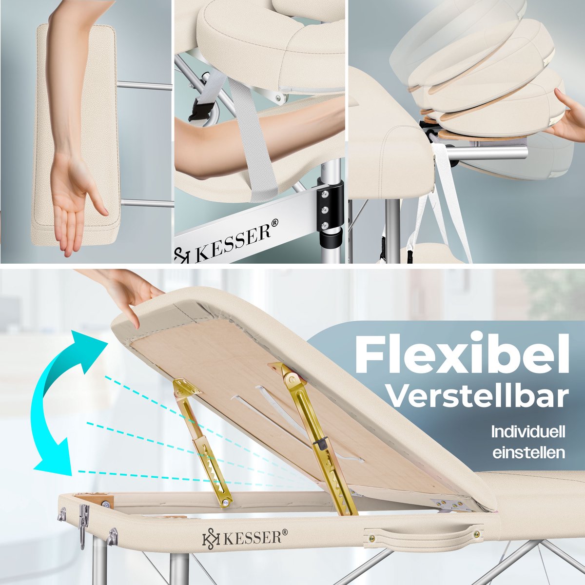 KESSER® Massagetafel inklapbaar 180x61x90cm | Behandeltafel 225kg Draagvermogen & In Hoogte Verstelbaar | Mobiele Massagebank 3-Zone | Aluminium Massagebed met Hoofdsteunen Armsteunen & opbergtas - Beige