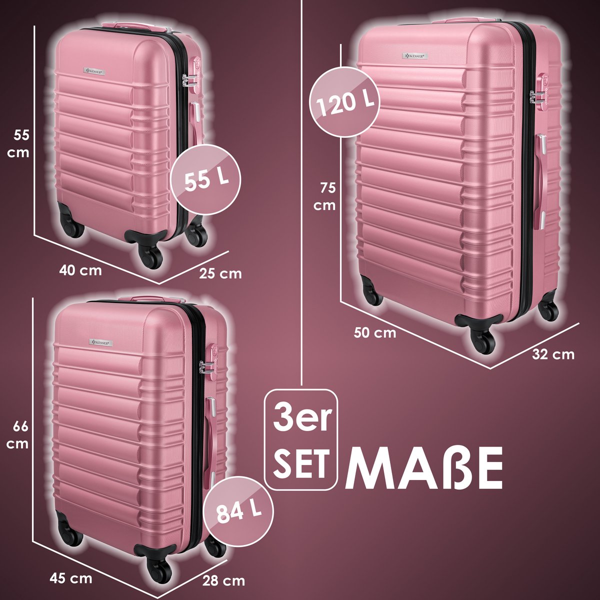 KESSER® Reiskofferset - 3-delig - ABS- Kofferset - Roze