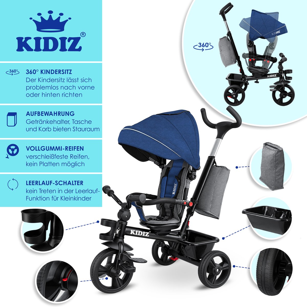KIDIZ® 5in1 Kinderfiets - Loopfiets - Driewieler - Blauw