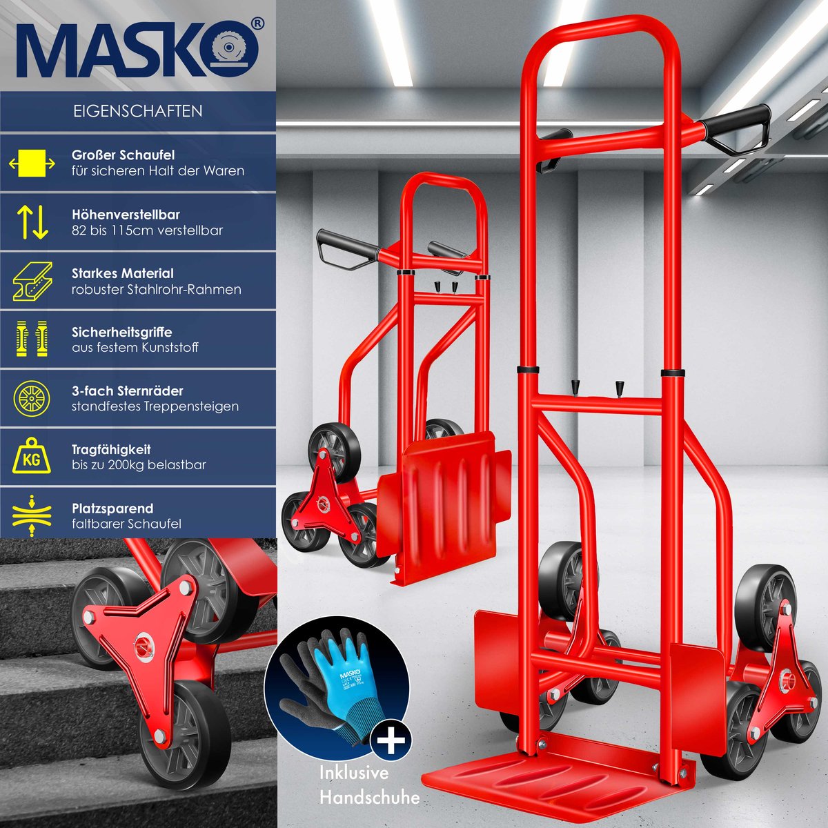 Masko® Steekwagen - Opvouwbaar - Transportwagen - Trappenklimmer - Rood