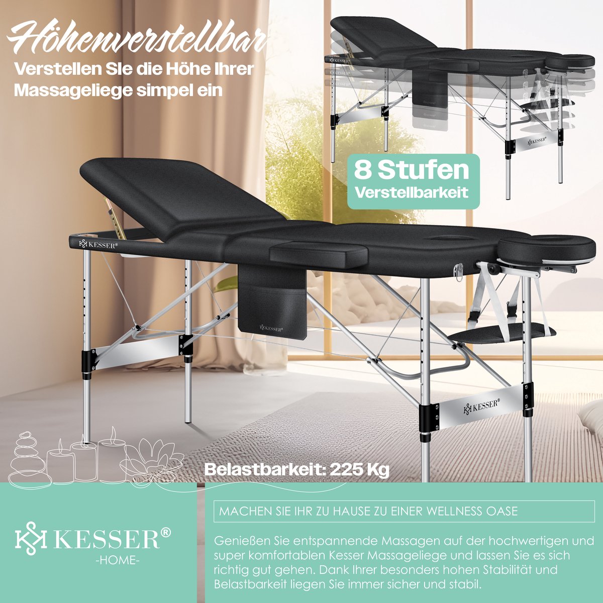 KESSER® Massagetafel inklapbaar - Tot 225kg - Verstelbaar - Zwart