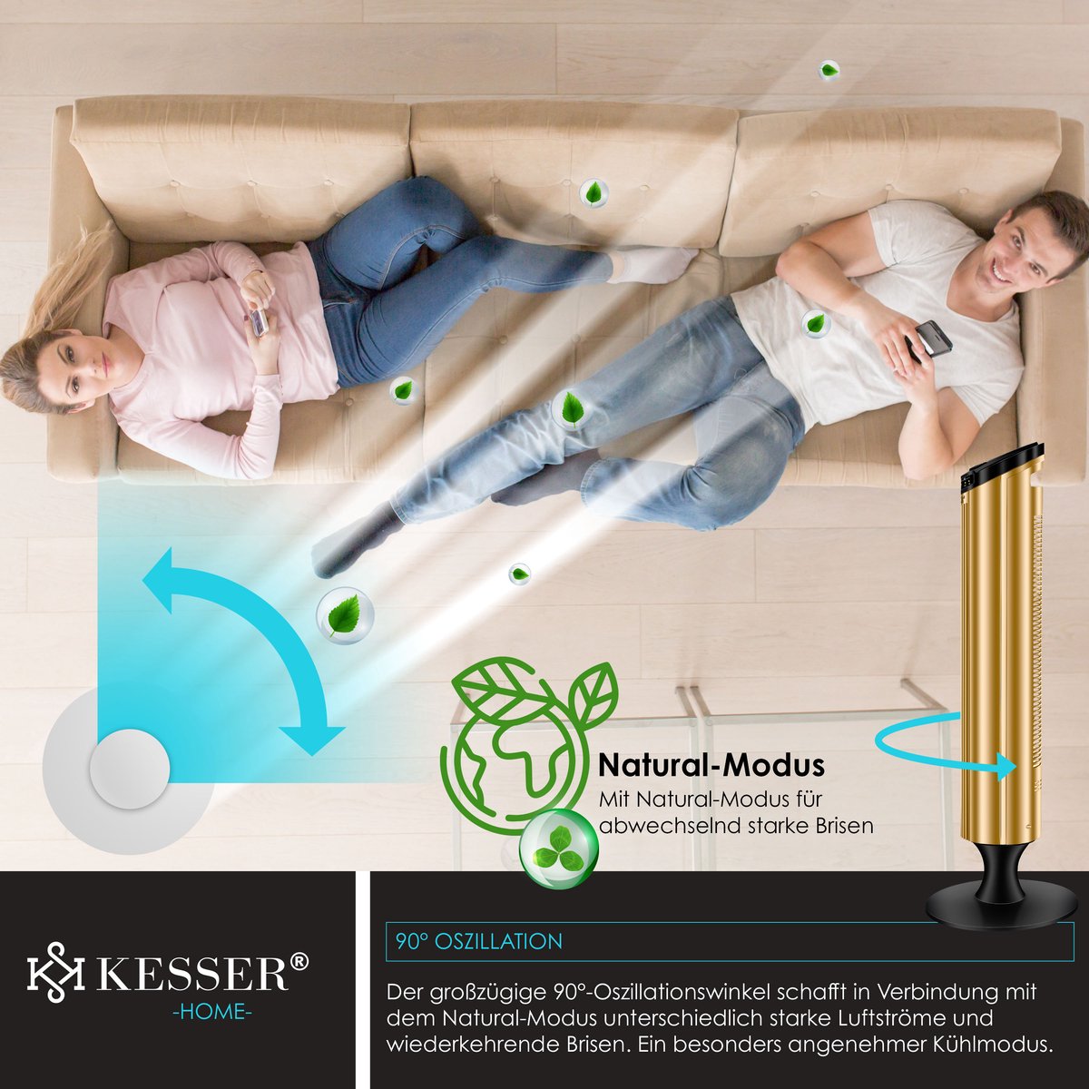 KESSER® Torenventilator - Fluisterstil - Oscillatie - Goud •