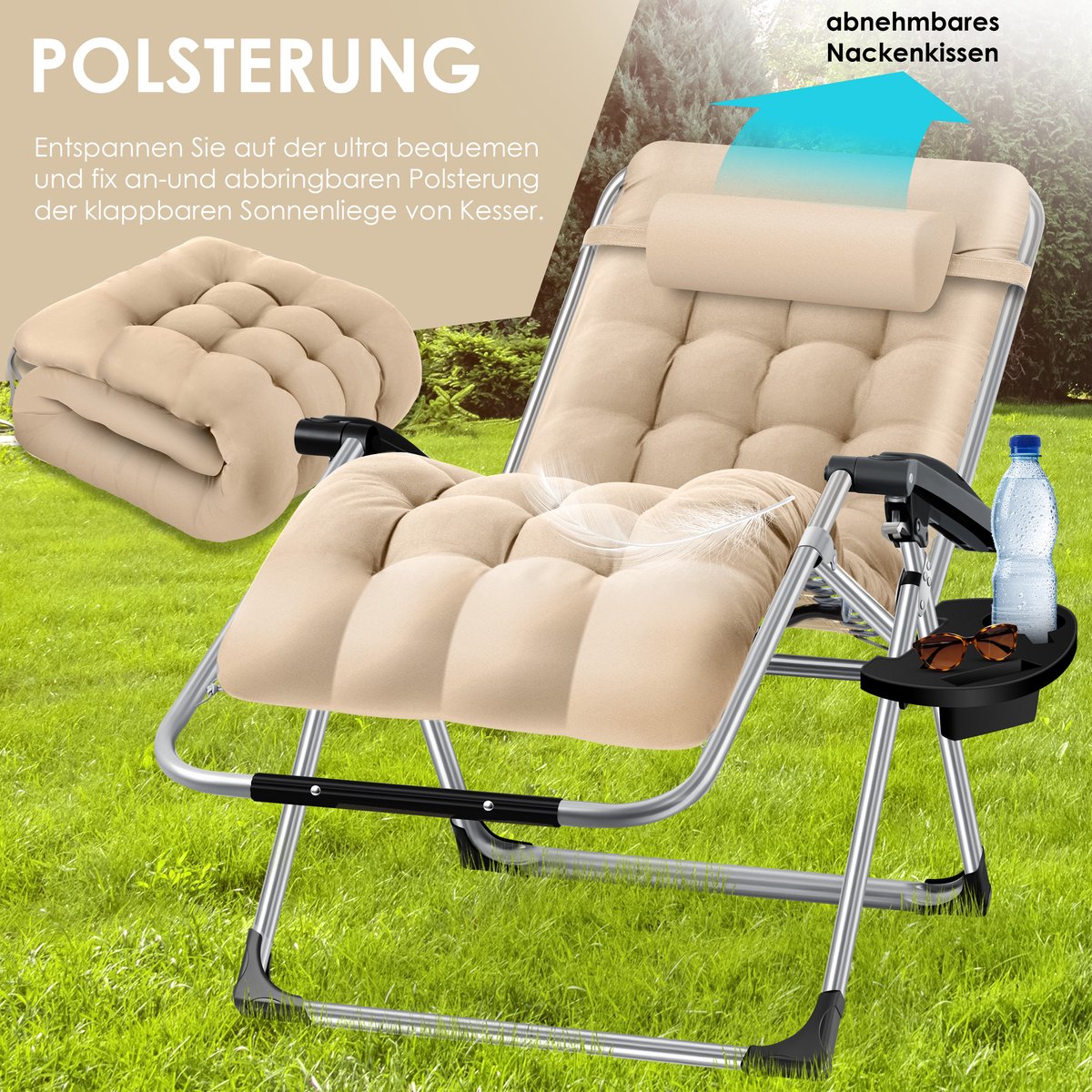 KESSER® Ligstoel Opvouwbaar Met Drinkhouder Tuinstoel Met Kussen, Ligbed, Extra Grote Tuinligstoel, Verstelbare Rugleuning Tuinligstoel Met Kussensteun - Beige