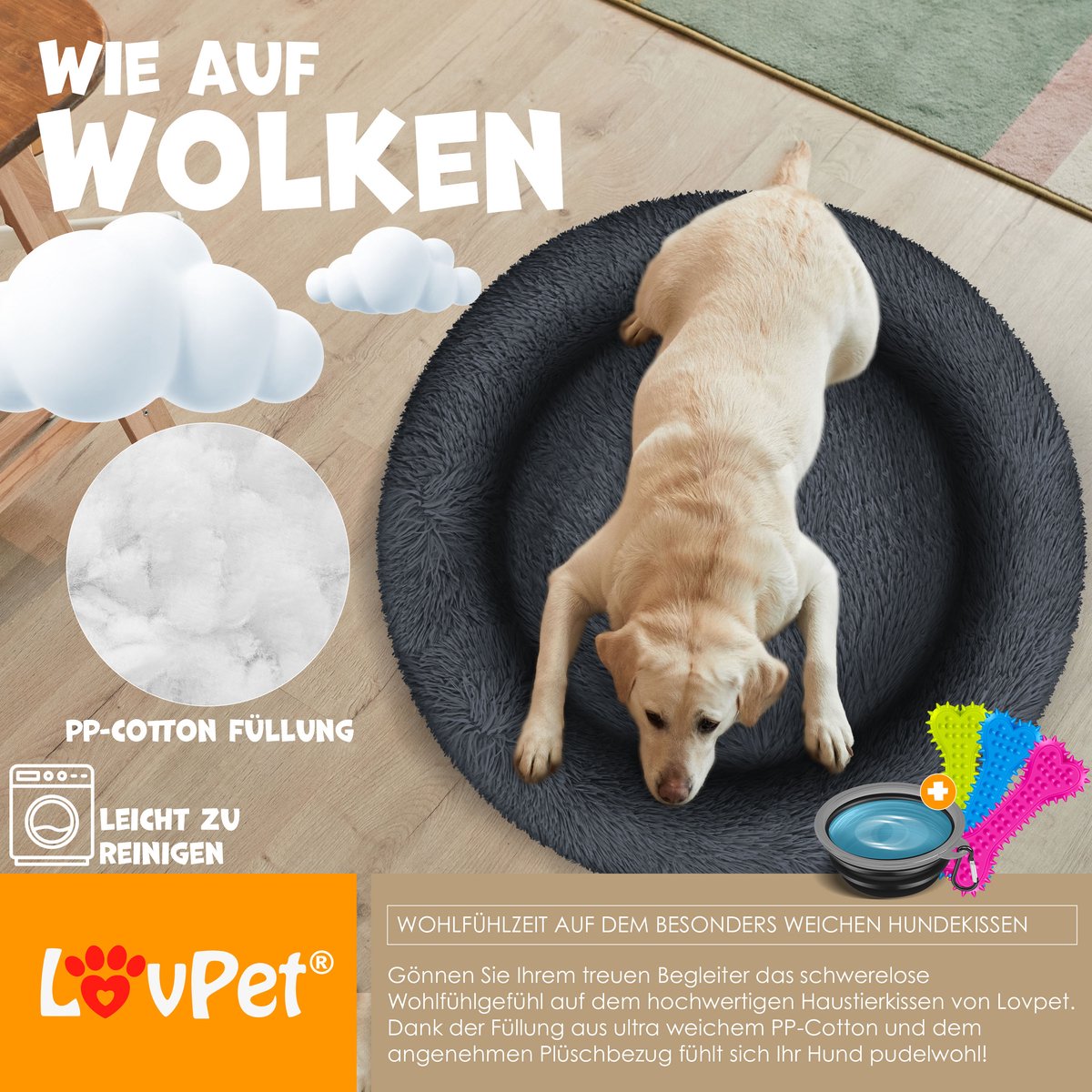 LOVPET® Hondenbed / Hondenmand / Hondenkussen Kattenbed Bagel, Afwasbaar, Incl. Kom + 3x Kauwbotjes, Hondenbank Pluche Kussen Rond Pluche Voor Kleine, Middelgrote & Grote Honden, Katten - 4XL (120 x 120 cm), Antraciet