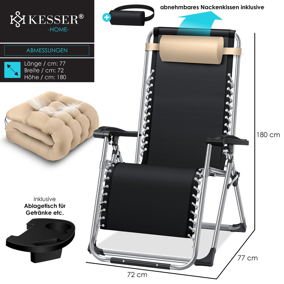 KESSER® Ligstoel Opvouwbaar Met Drinkhouder Tuinstoel Met Kussen, Ligbed, Extra Grote Tuinligstoel, Verstelbare Rugleuning Tuinligstoel Met Kussensteun - Beige