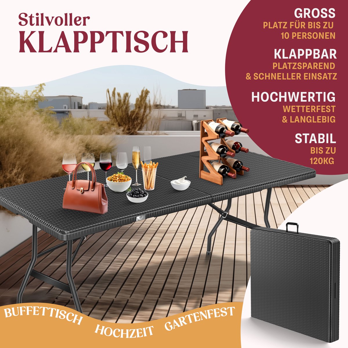 KESSER® Inklapbare Tafel 180x75x73cm Vouwtafel Kunststof - Campingtafel Klaptafel Geschikt voor 8 Personen voor Tuin, Terras en Balkon inclusief Draaggreep - Antraciet