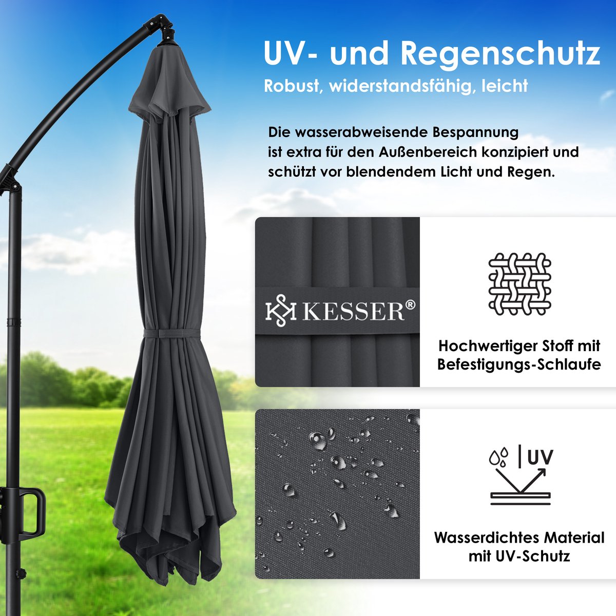KESSER® Zweefparasol met voet  - Ø3,5m - 360° Draaibaar  - Antraciet