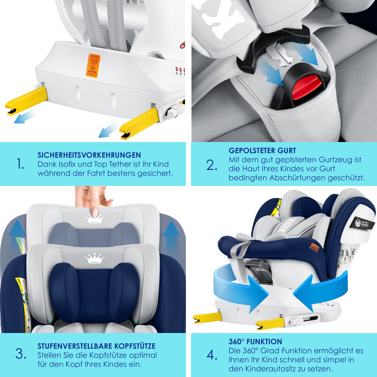 KIDIZ® Autostoeltje Isofix - 360° draaibaar - Blauw