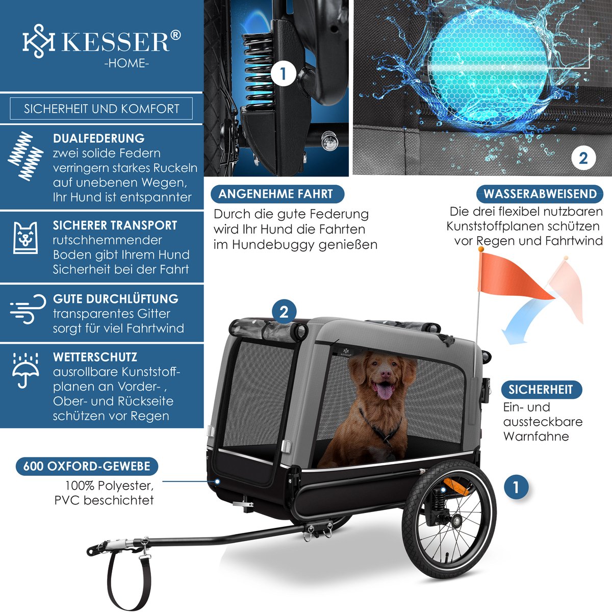 KESSER® Hondenfietskar tot 40 kg 3in1 Hondenbuggy - Fietskar Hond Jogger - Grijs