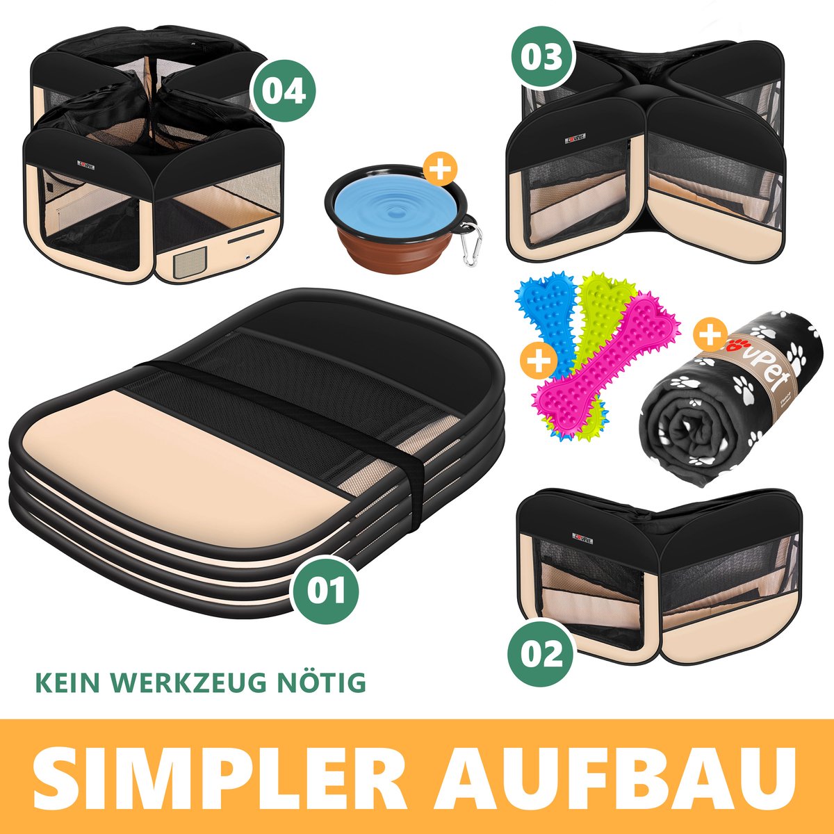 LOVPET® Puppyren voor Kleine Dieren Honden Katten - Opvouwbaar Hondenren inclusief kom en Haringen - Puppy Ren Pop-up Systeem Indoor & Outdoor Konijnenren - Beige