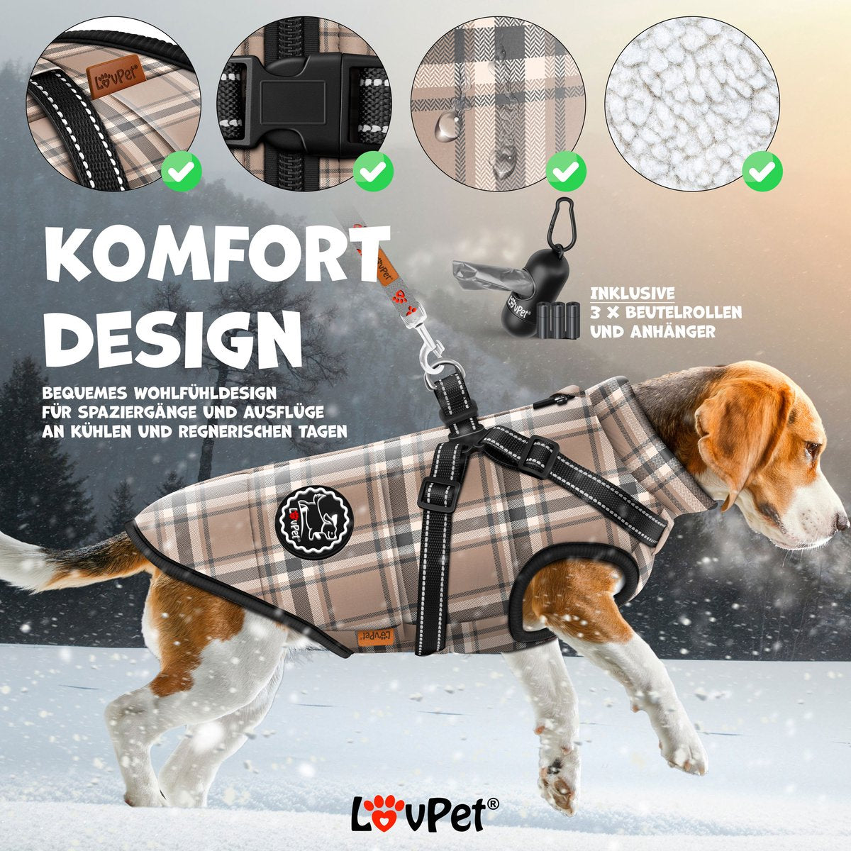 LOVPET® Hondenjas Hondenvacht met Harnas Waterafstotend, incl. 45 Stuks Poepzak + Dispenser, Winter Vest Hond Waterdicht Gevoerd, Gewatteerd Vest Met Borstband, Reflectoren, D-Ring - Beige / XL