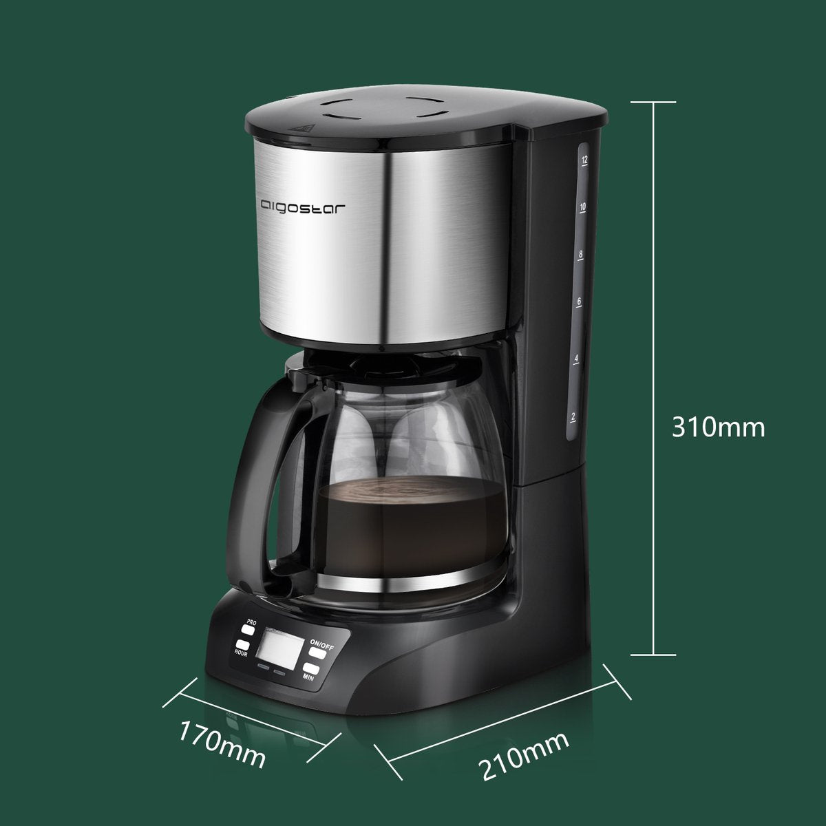 Aigostar Benno - Koffiezetapparaat - Filterkoffie - 12 kopjes - Koffiemachine - met Glazen Kan - Digitaal Display, Timer en Warmhoudplaat - Zwart/RVS •