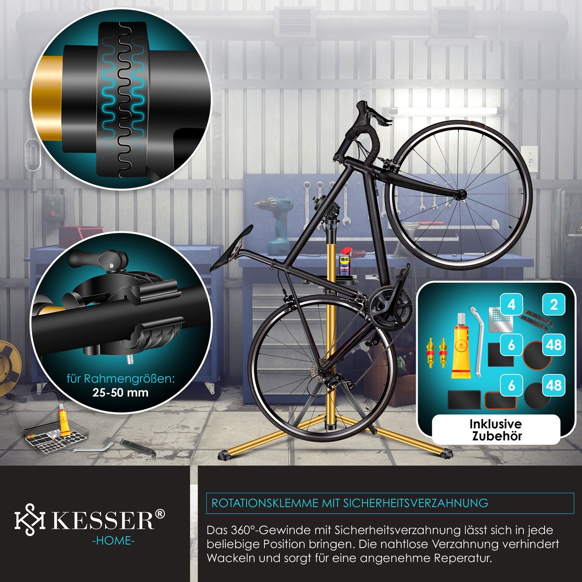KESSER® Montagestandaard Fiets Reparatiestandaard 360° Draaibaar & Belastbaar tot 25kg | Fietsstandaard Fietslift | Fiets ophangsysteem Montage & reparatie standaard | Fietsstaander Met Draagtas & Fixatiestang - Goud