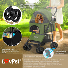 LOVPET® Hondenbuggy 2in1 Huisdieren Wandelwagen Buggy met Transporttas Opvouwbaar tot 20 kg Hondenwandelwagen met Gaasramen & Regenhoes Jogger Kattenbuggy voor Kleine Honden Katten Hondenbox - Khaki
