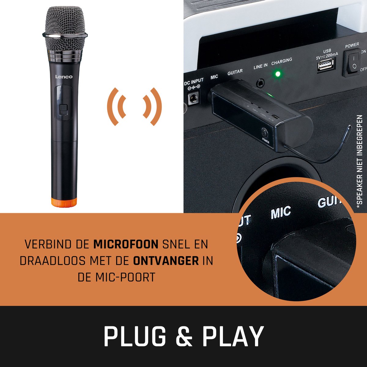 Lenco Microfoon Draadloos - MCW-011BK - Draadloze Microfoon met 6,3 mm ontvanger - Plug & Play - Zwart
