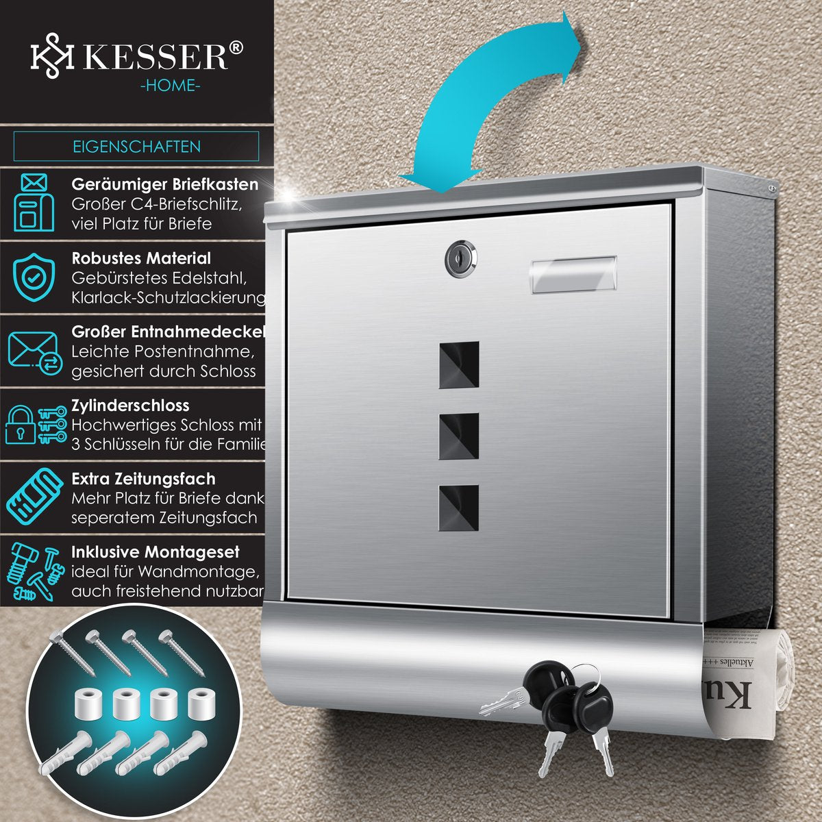 KESSER® RVS Brievenbus  - Wandbrievenbus - Softclose-deksel - Zilver