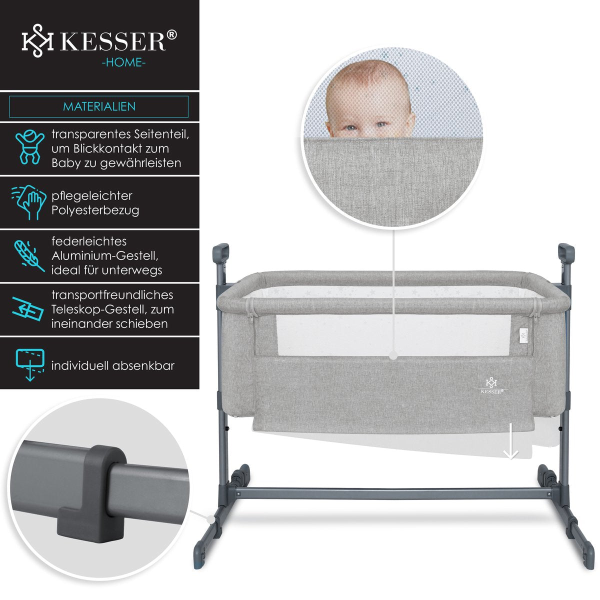 KESSER® 3in1 Ledikant - Babybed - Verstelbaar - Inklapbaar - Lichtgrijs