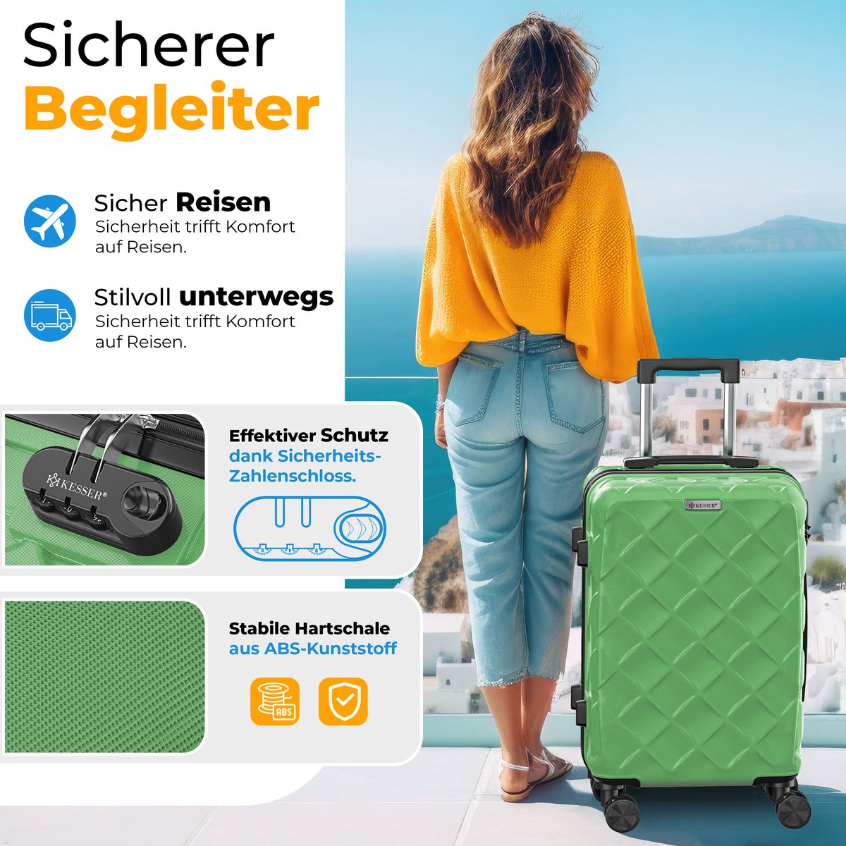 KESSER® Reiskofferset - 3-delig - ABS- Kofferset - Groen