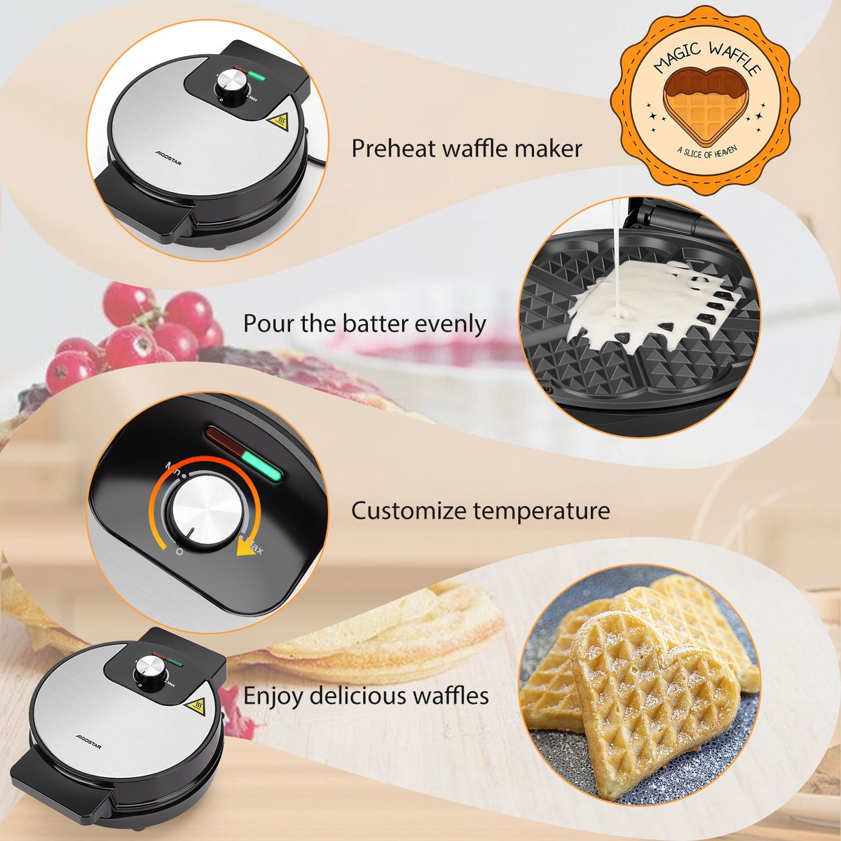 Aigostar Wafelijzer hartvorm- Met Regelbare Temperatuur - 1000W - Zwart - RVS - Crunchy