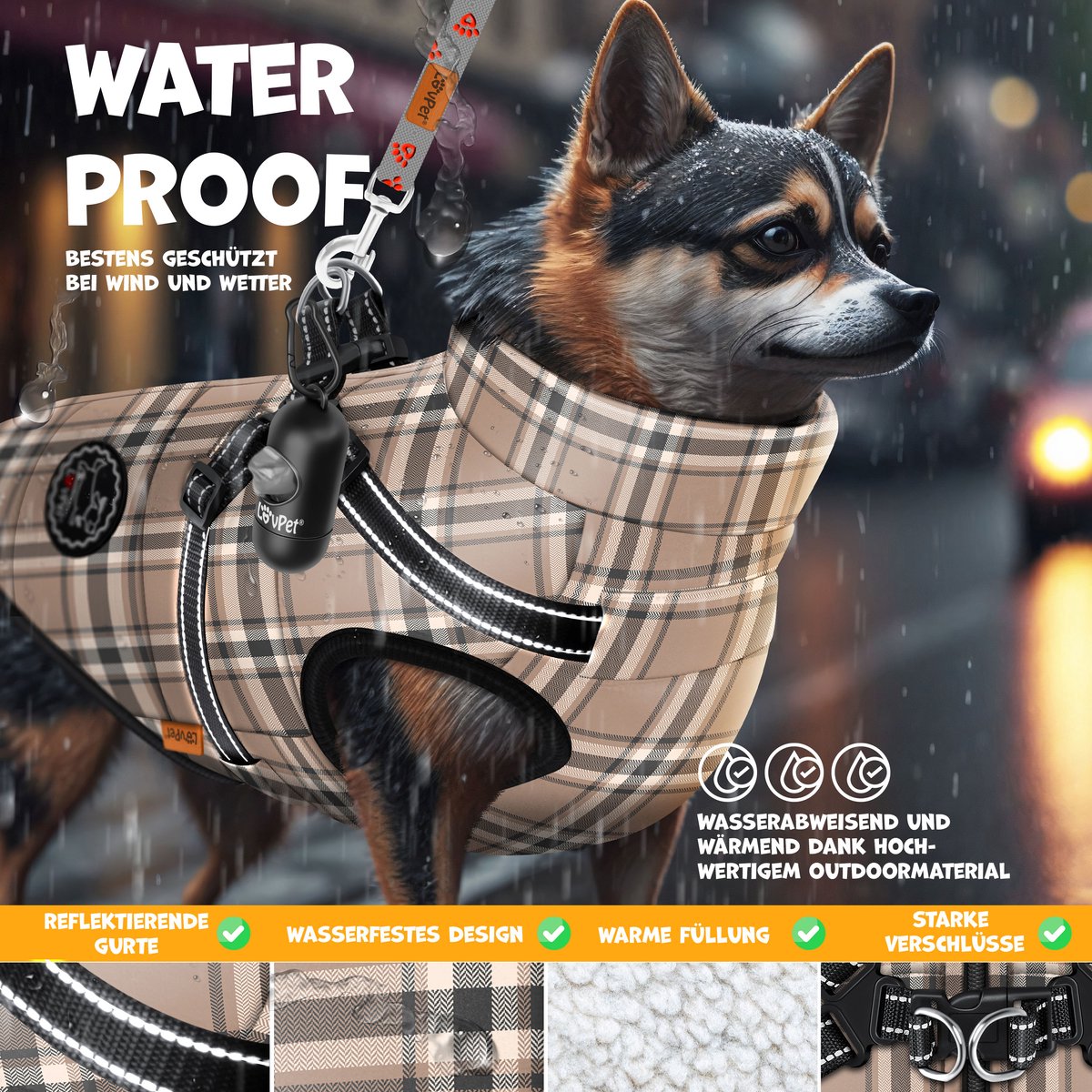 LOVPET® Hondenjas Hondenvacht met Harnas Waterafstotend, incl. 45 Stuks Poepzak + Dispenser, Winter Vest Hond Waterdicht Gevoerd, Gewatteerd Vest Met Borstband, Reflectoren, D-Ring - Beige / XL