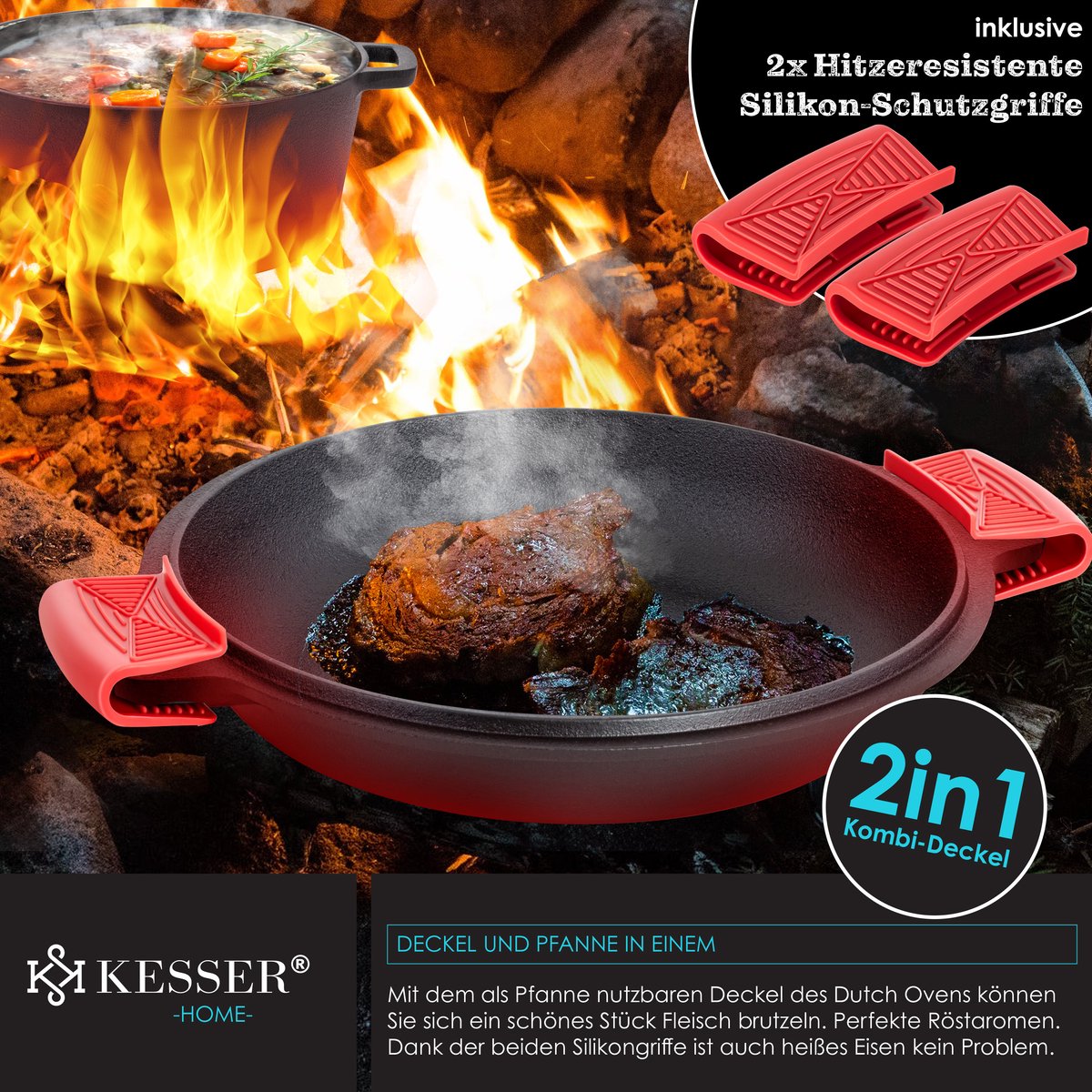 KESSER® Dutch Oven Gietijzeren Pan 1,8L en Pot 4,8L - Zwart