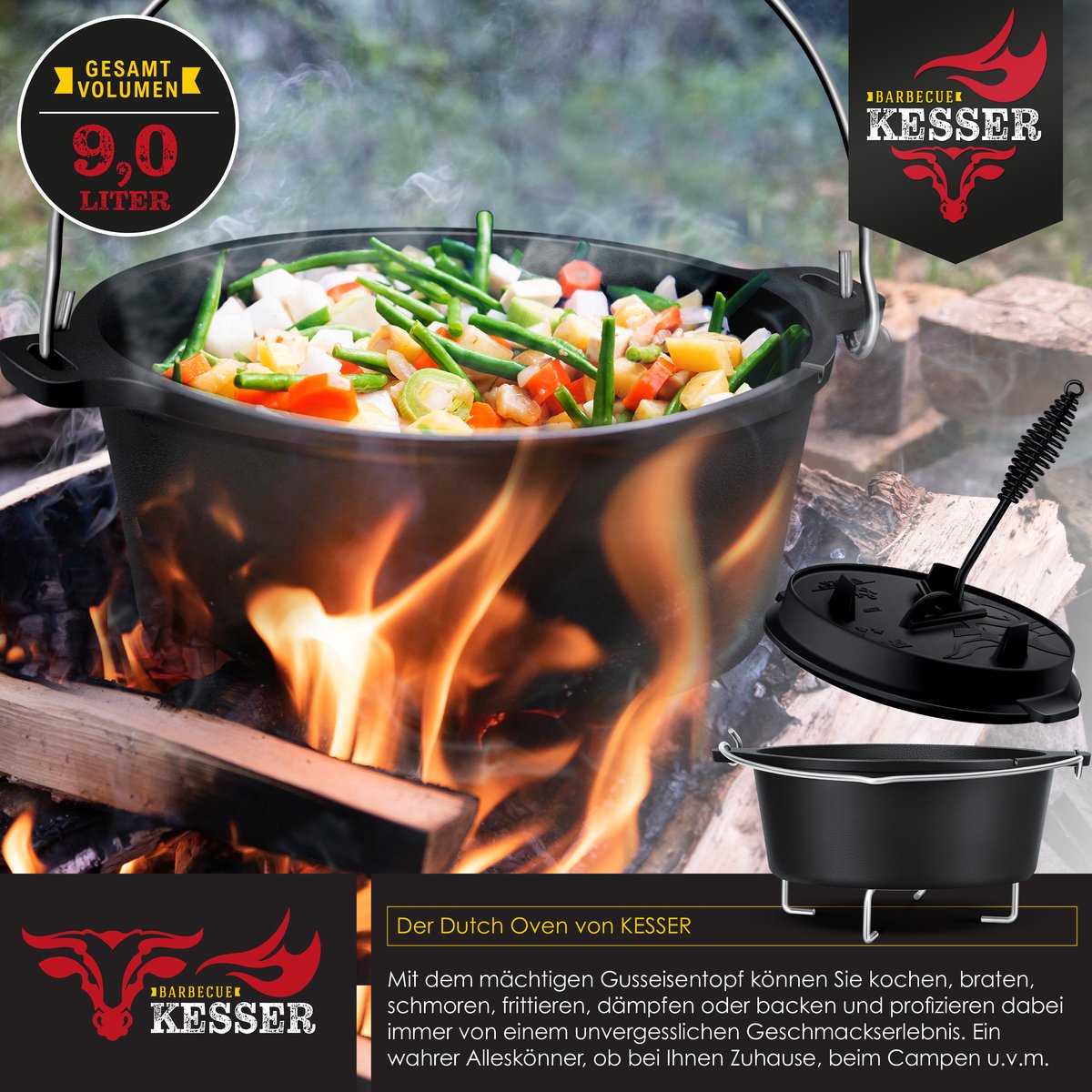 KESSER® Dutch Oven Set - 9L - Vuurpan - Stoofpan - Gietijzeren pan