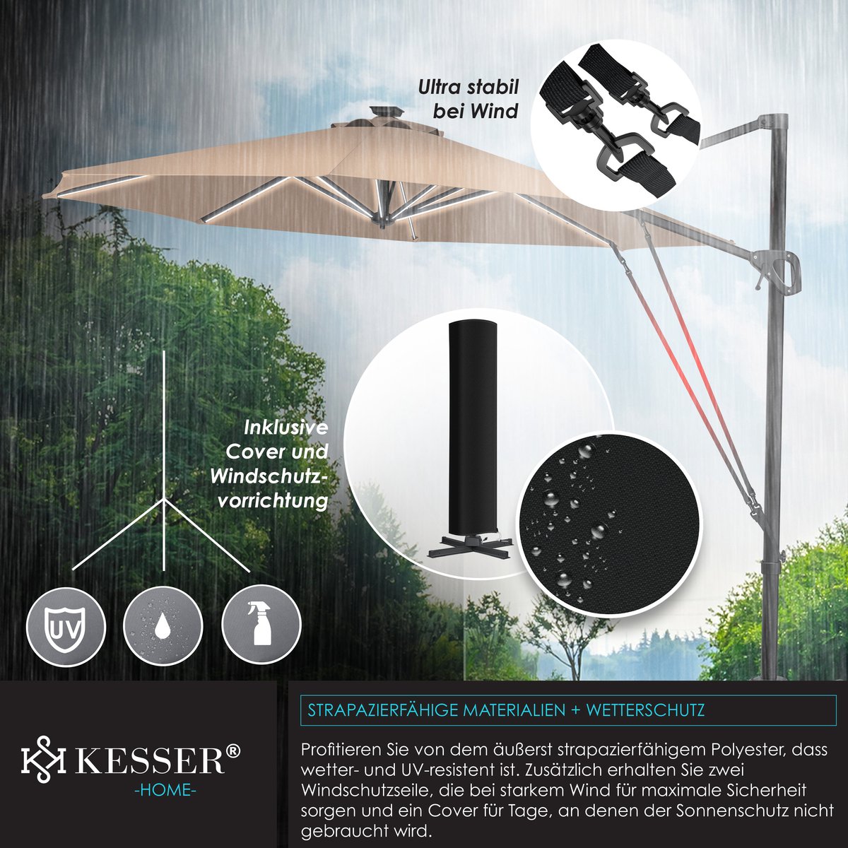 KESSER® SUN Zweefparasol XL Ø330 cm met LED Solar Verlichting - Parasol Inclusief Beschermhoes 360° Draaibaar UV50+ Tuinparasol Zonne-energie - Taupe