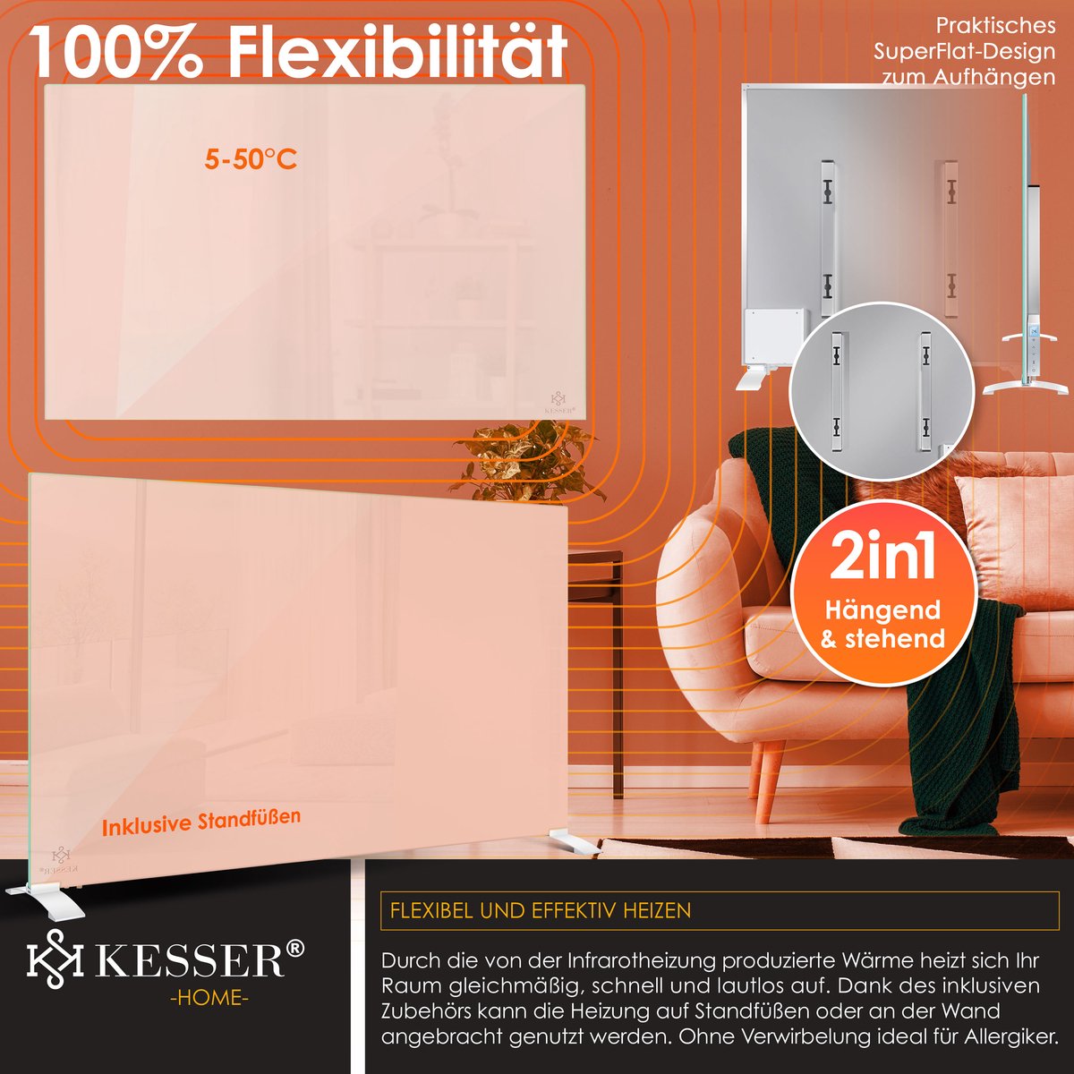 KESSER® Infrarood Kachel 500W Elektrische Verwarmingspaneel - Infraroodverwarming Energiebesparing 2-in-1 Staande & Muurmontage Verwarming met Thermostat + open raam detectie + Afstandsbediening & APP-bediening - Wit