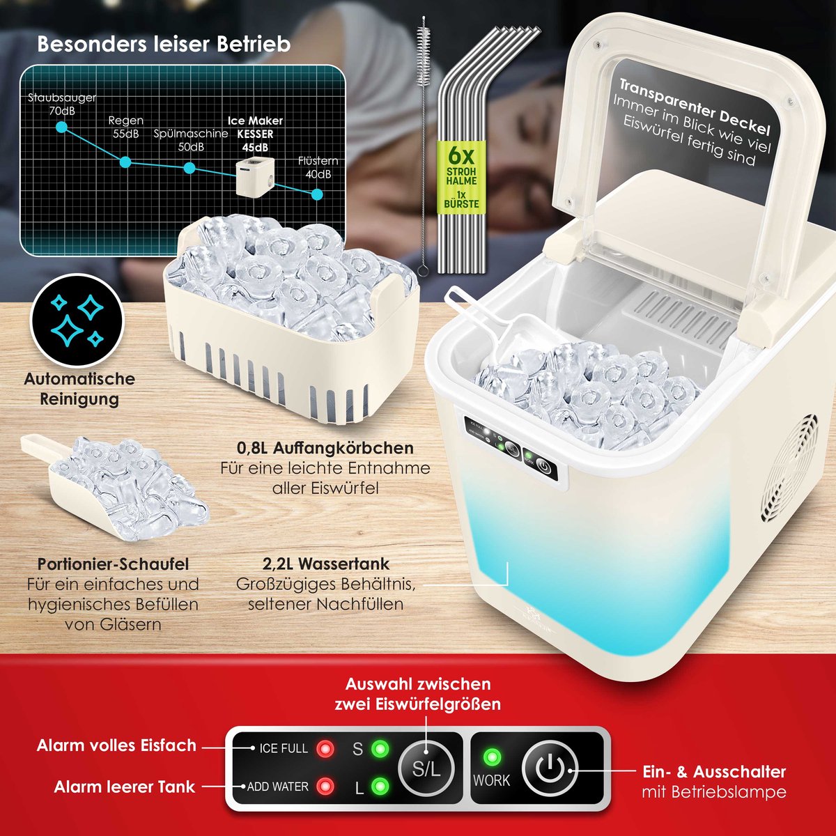 IJsblokjesmachine – 12kg/24 uur – IJsmachine - IJsblokjesmaker - Crème - KESSER®