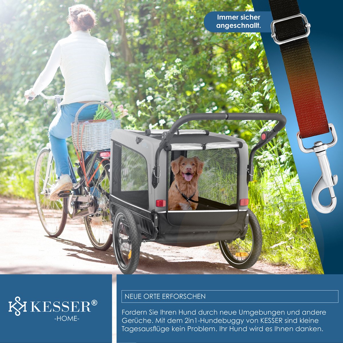 KESSER® Hondenfietskar tot 40 kg 3in1 Hondenbuggy - Fietskar Hond Jogger - Grijs