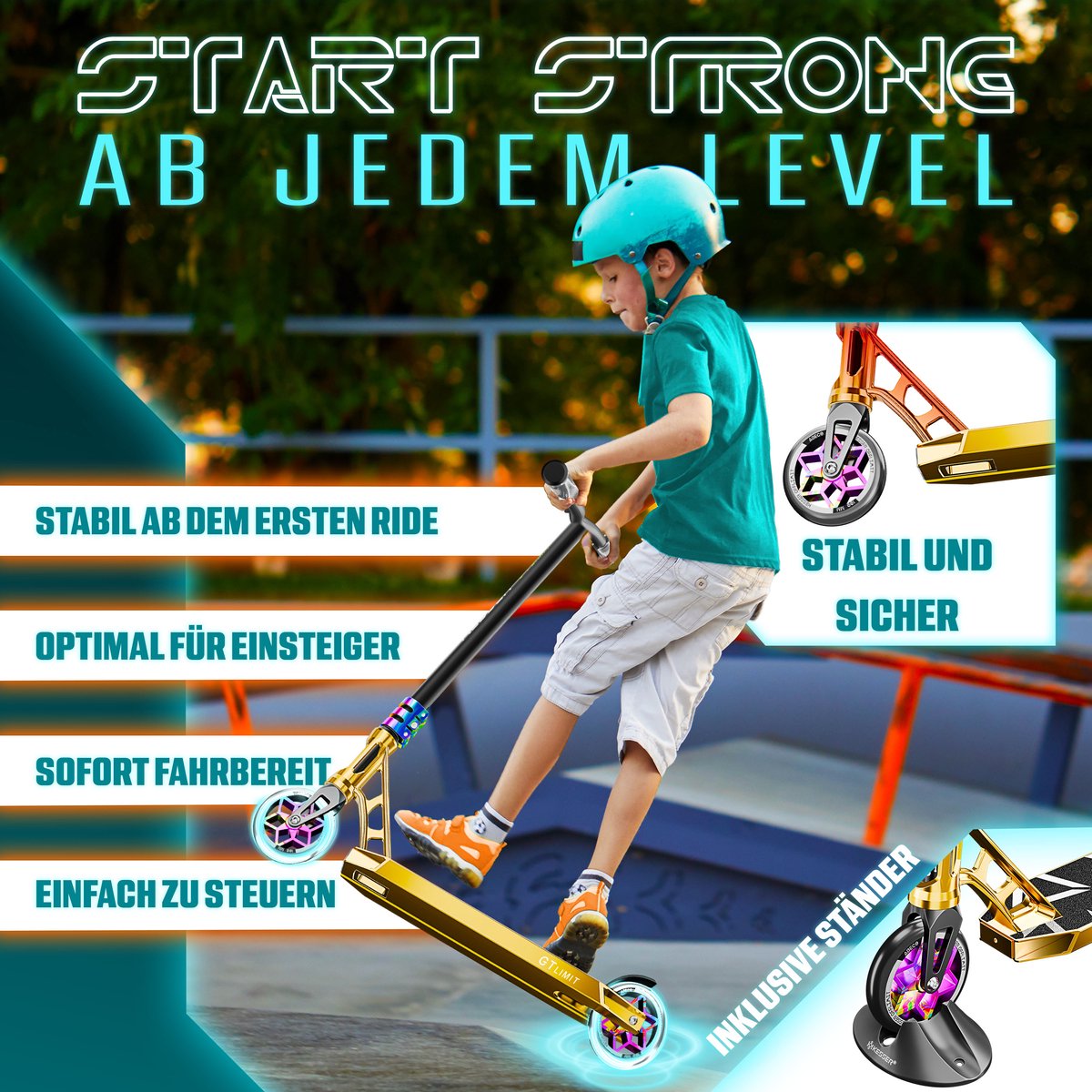 KESSER® Stuntstep GT-Limit 360° voor Volwassenen en Kinderen - Step met Standaard ABEC 9 Kogellagers, 110 mm PU Wielen Stunt Scooter - Goud